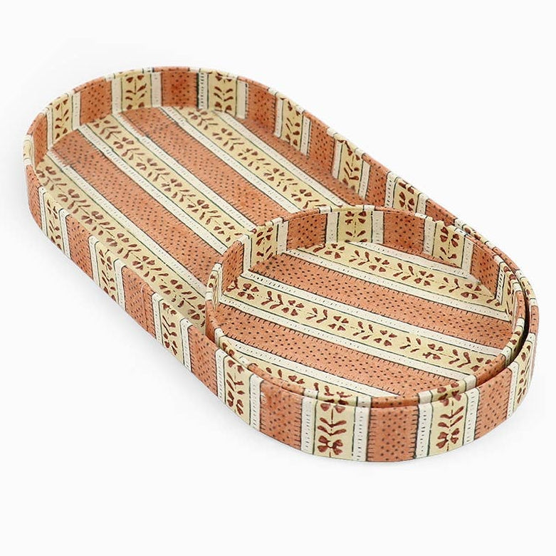 Block Printed Round Desk Tray Set - Brick Red Reah