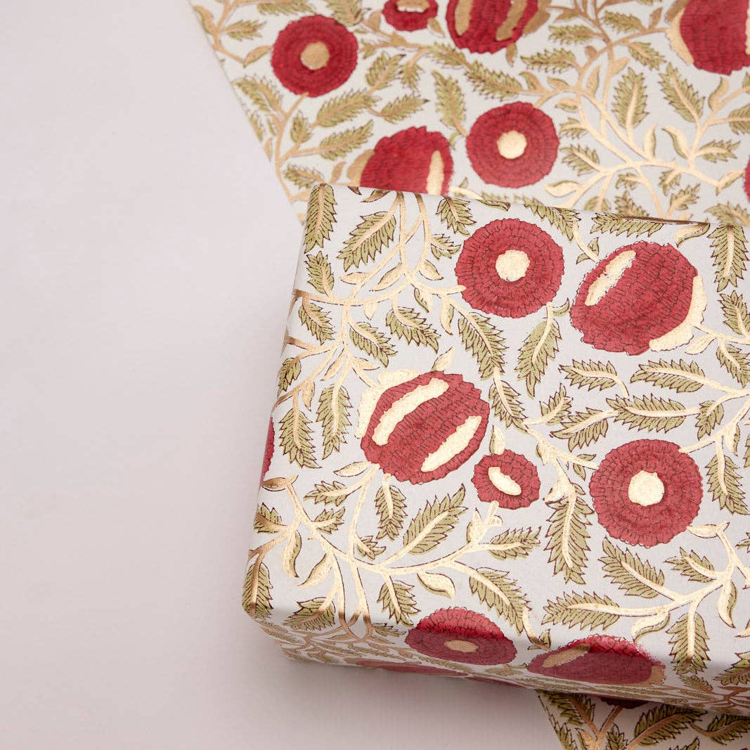 Block Printed Wrapping Paper - Marigold Glitz Scarlet