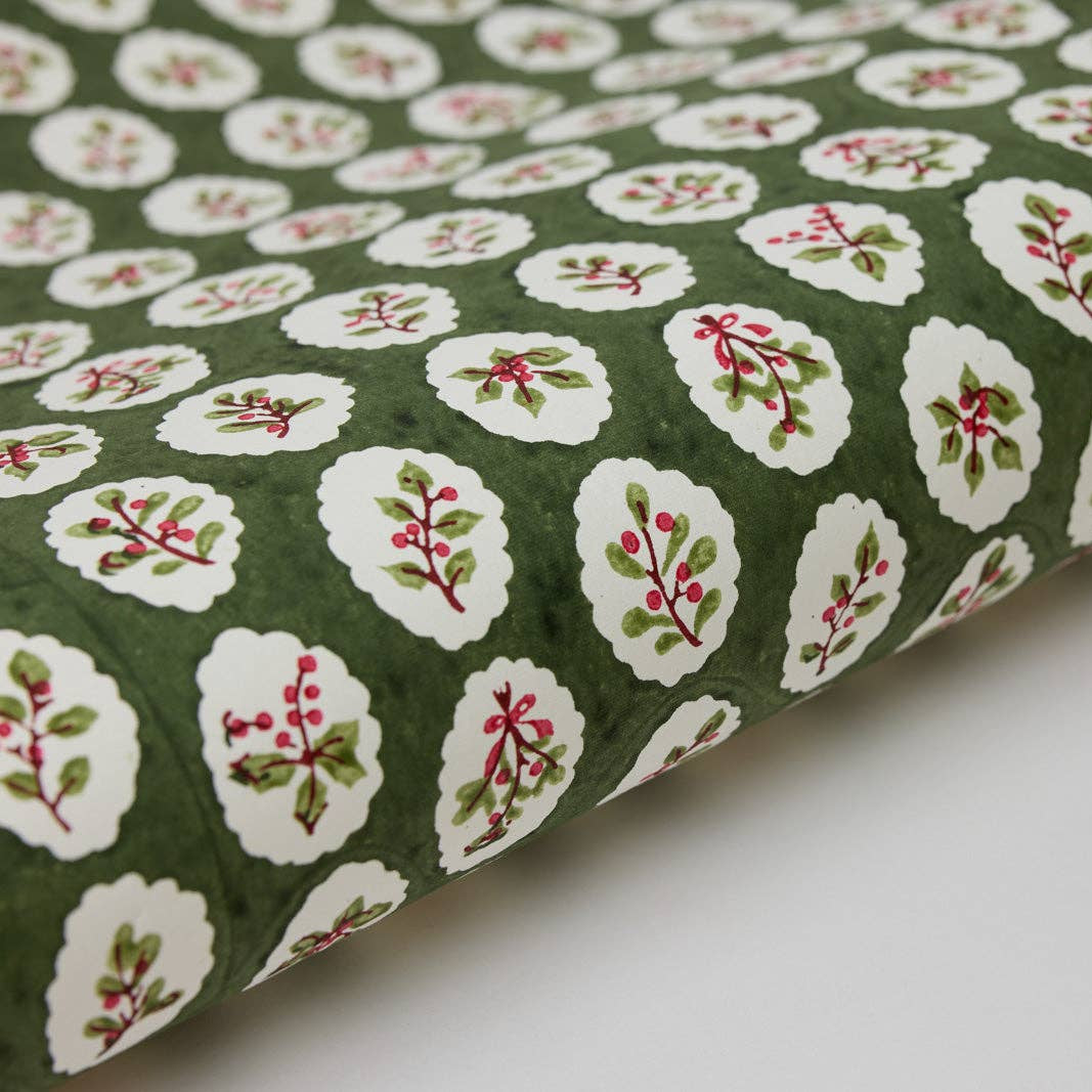 Block Printed Wrapping Paper - Scallop Tiles Holly Green