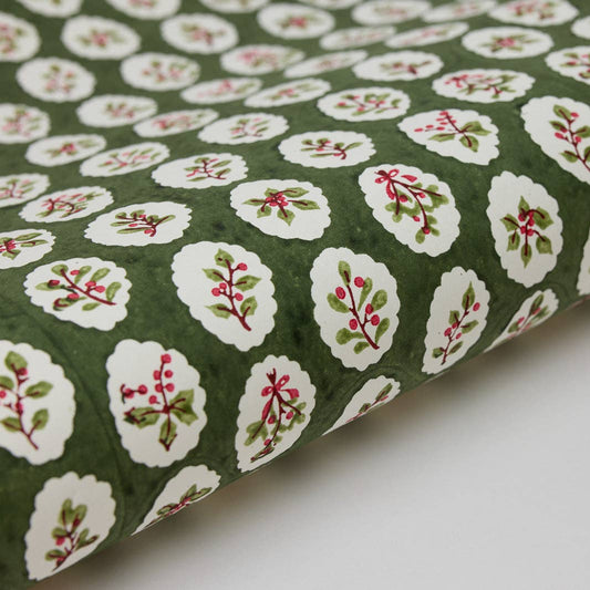 Block Printed Wrapping Paper - Scallop Tiles Holly Green