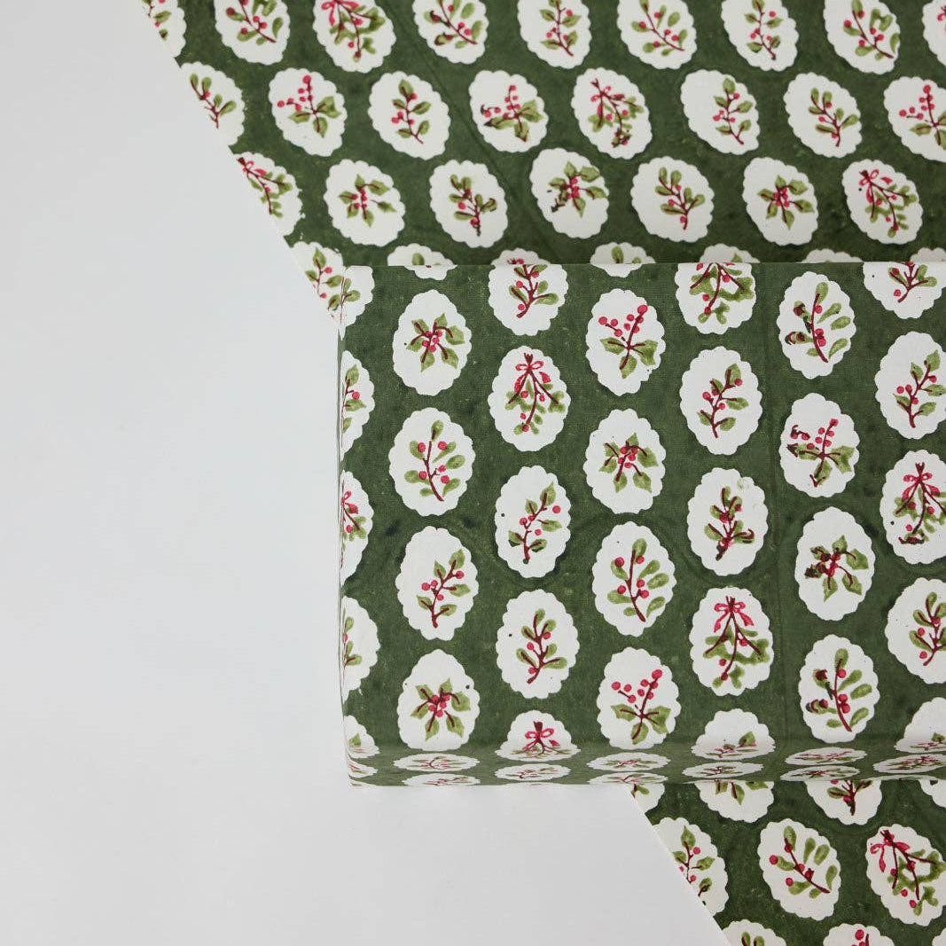 Block Printed Wrapping Paper - Scallop Tiles Holly Green