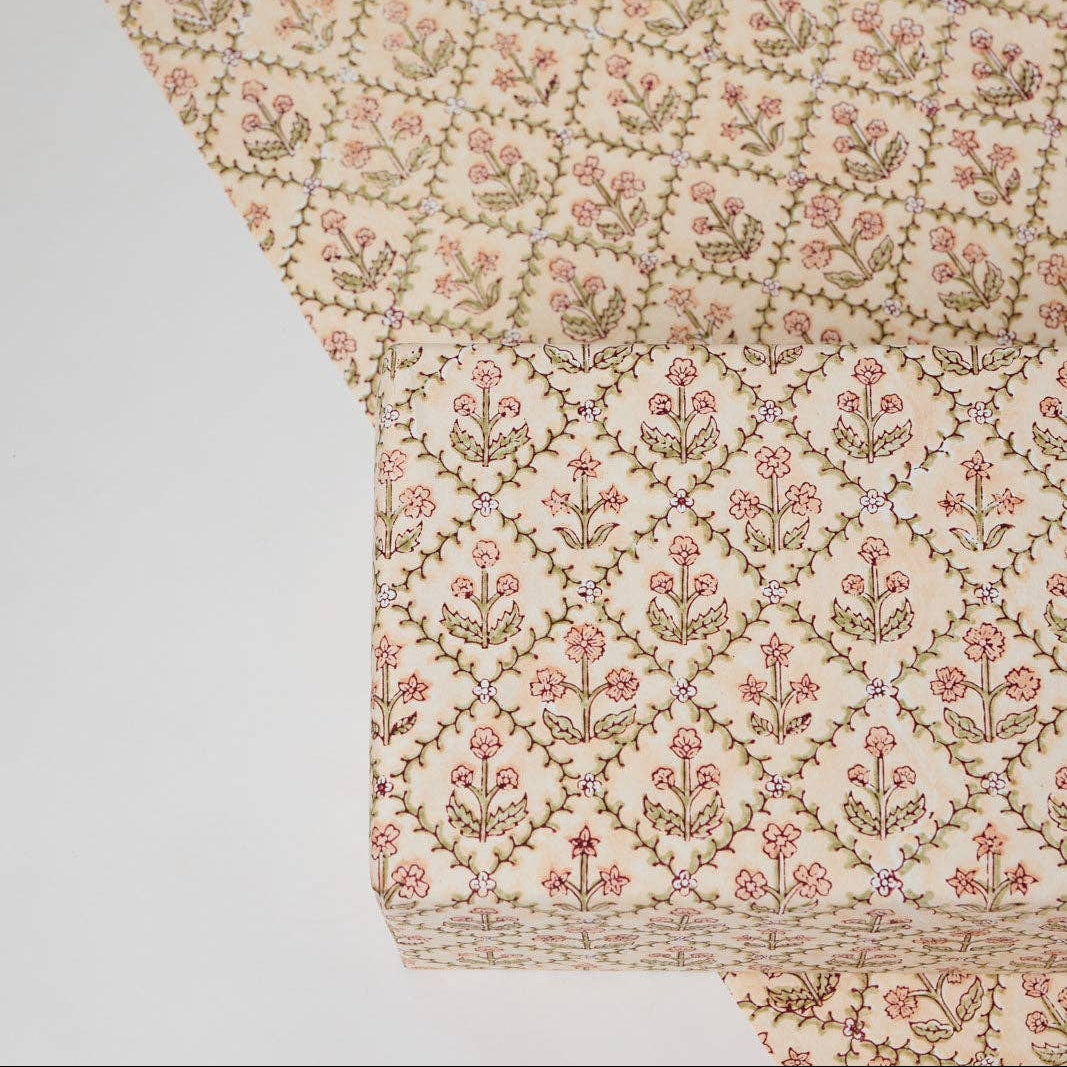 Block Printed Wrapping Paper - Floral Lattice Terracotta