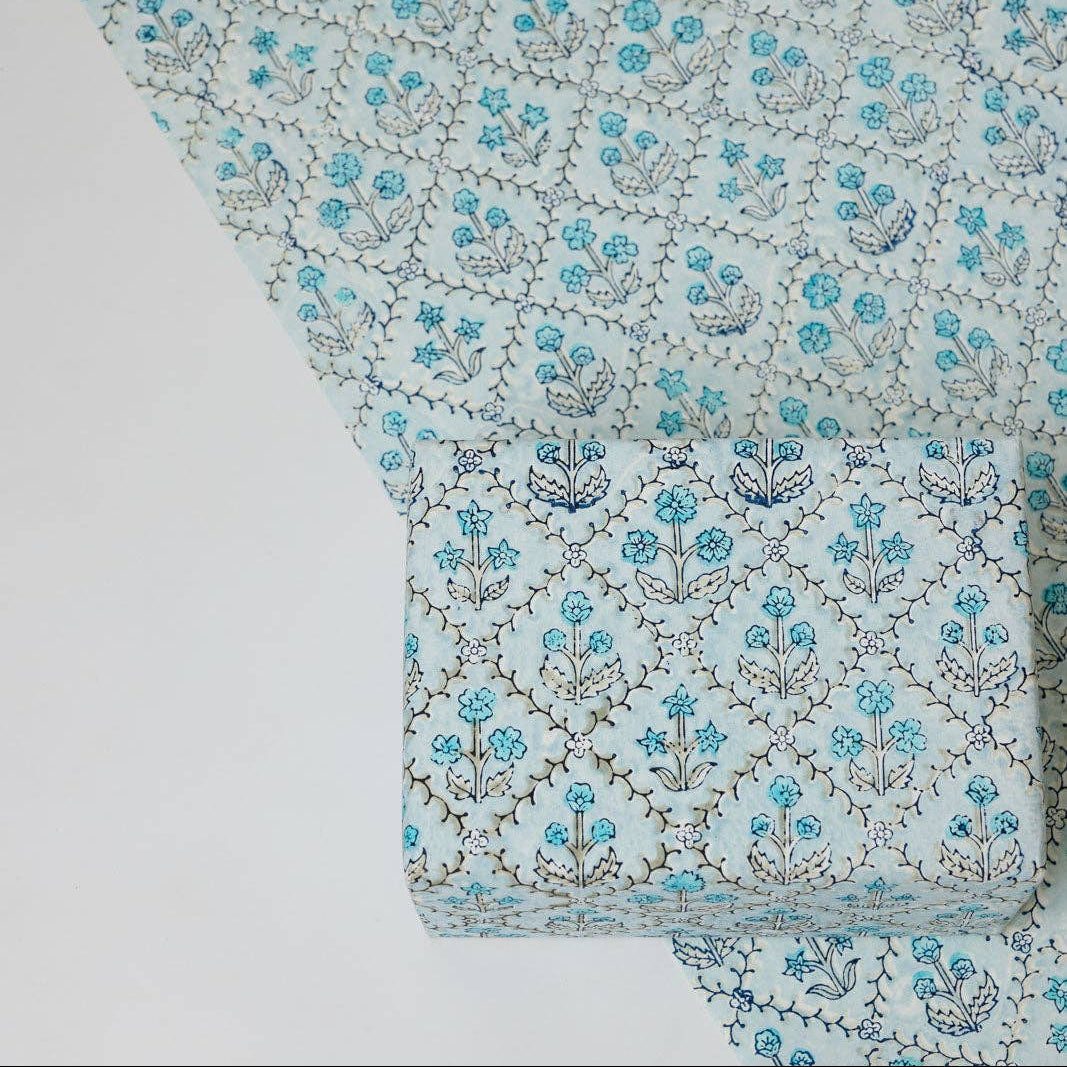 Block Printed Wrapping Paper - Floral Lattice Blue Opal