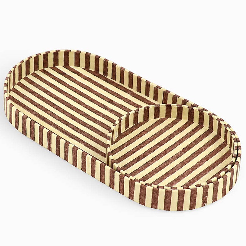 Block Printed Round Desk Tray Set -Classic Stripe Ochre/Brown