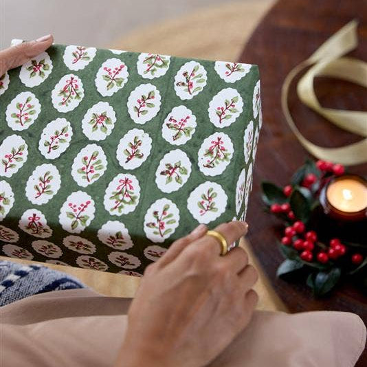 Block Printed Wrapping Paper - Scallop Tiles Holly Green