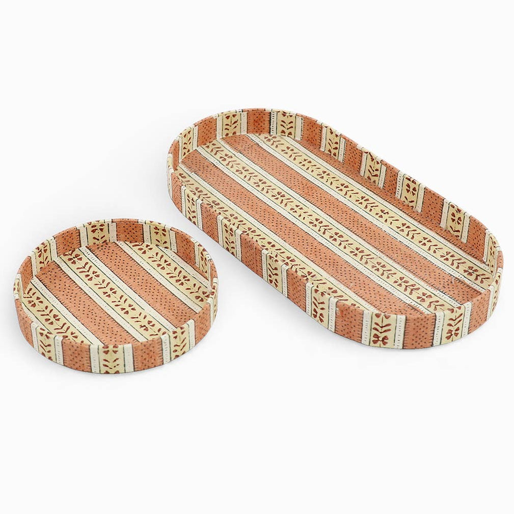 Block Printed Round Desk Tray Set - Brick Red Reah