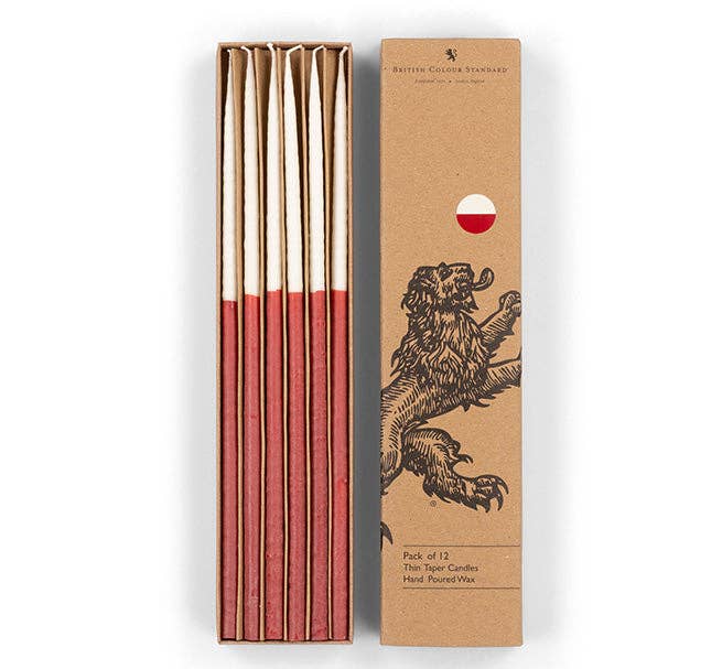 Two-Tone Thin Taper Candles - Guardsman Red and Pearl - Pack of 12
