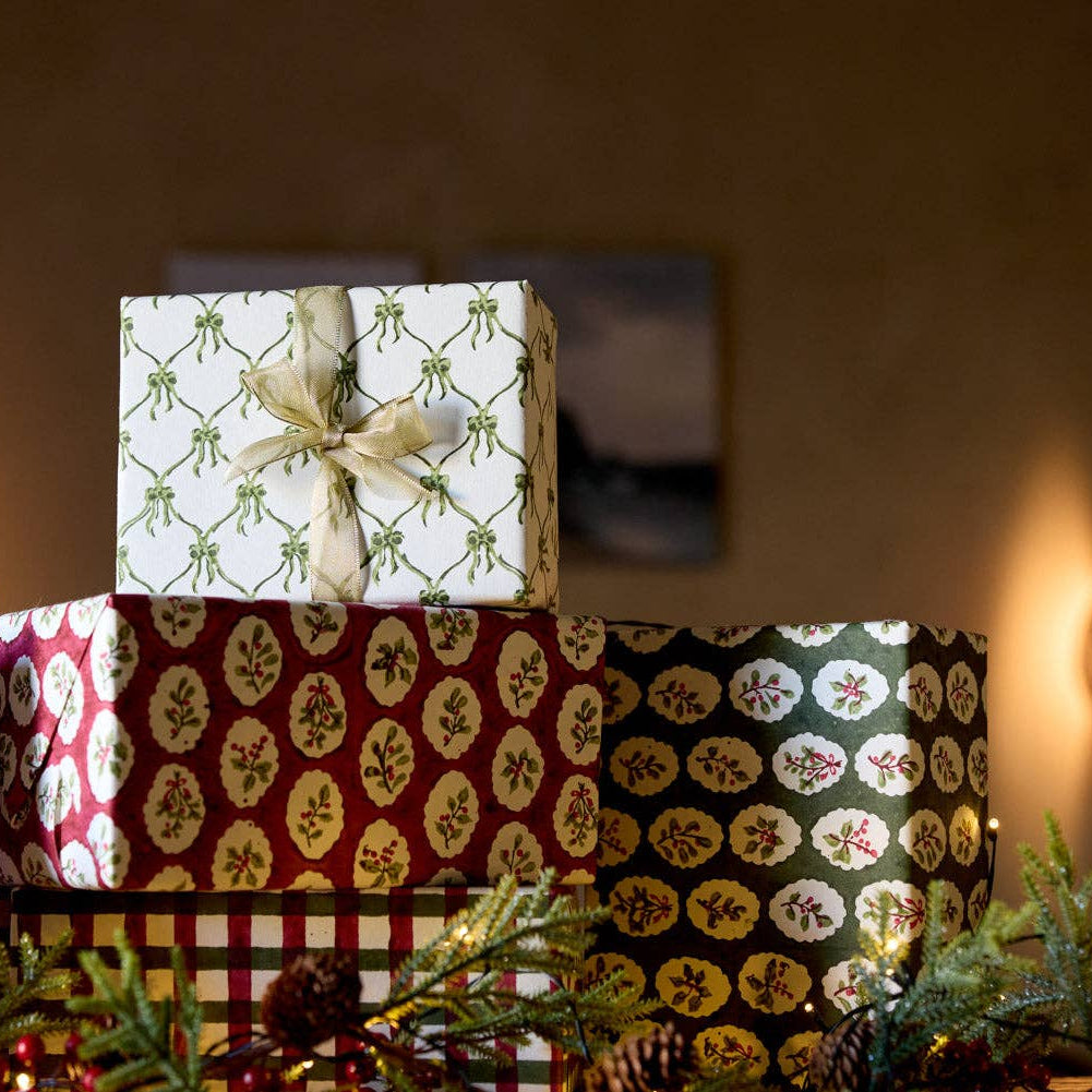 Block Printed Wrapping Paper - Scallop Tiles Holly Green