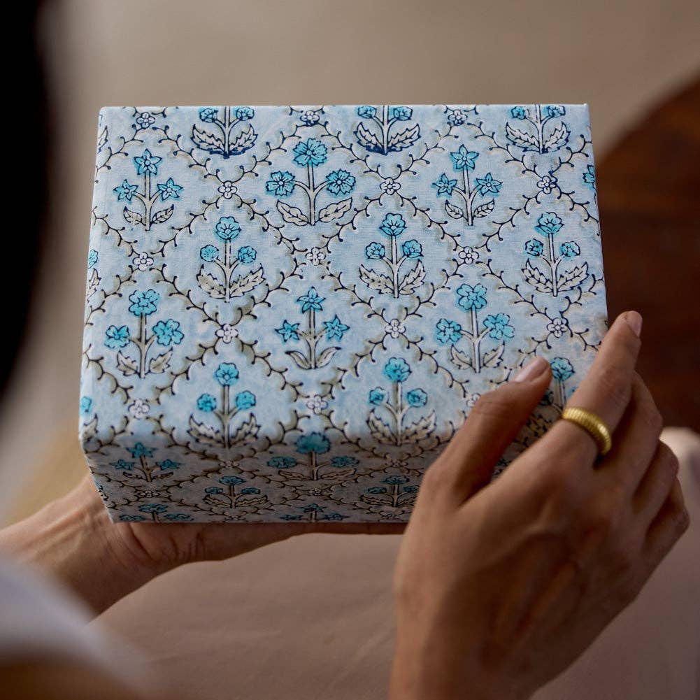 Block Printed Wrapping Paper - Floral Lattice Blue Opal