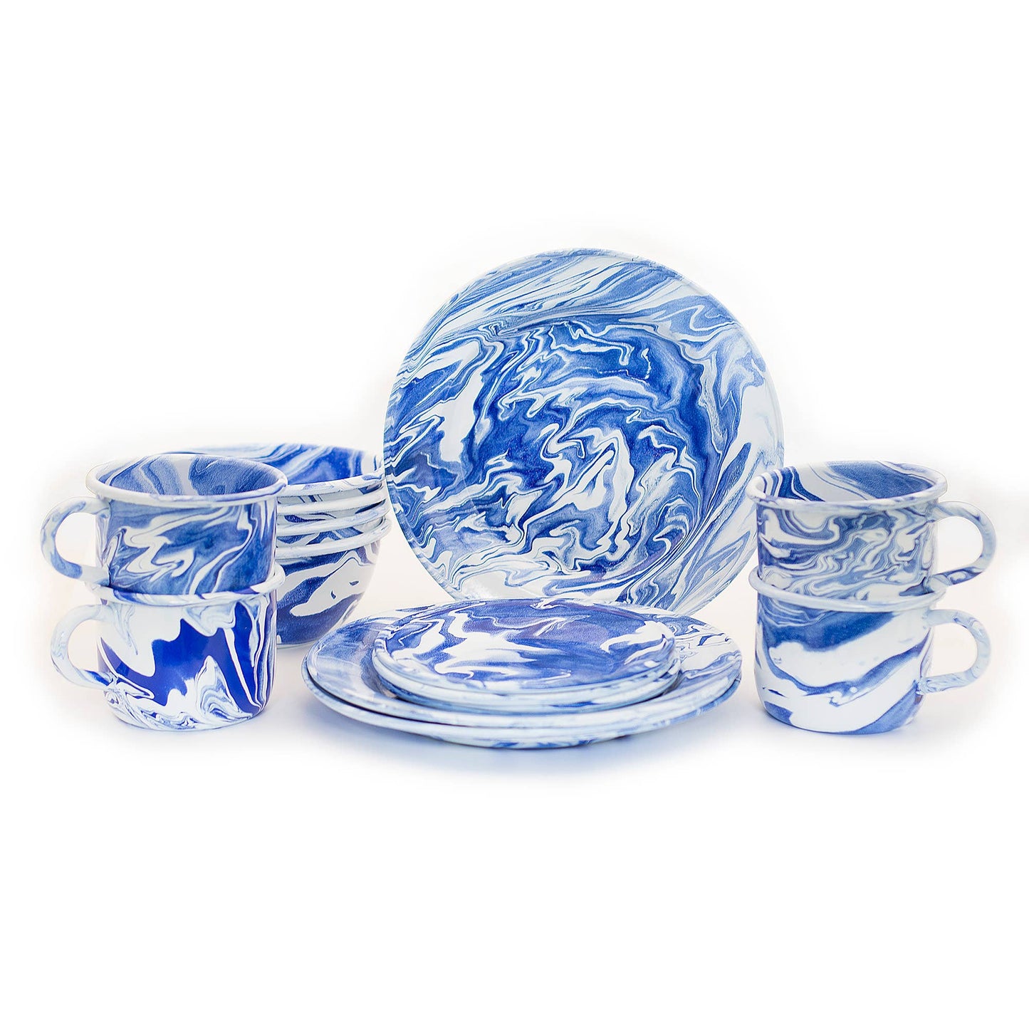 Hand Marbled 16 Piece Enamelware Dining Set - Blue