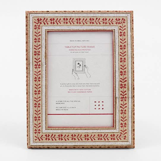 Block Printed Picture Frame - Floral Stripe Ochre