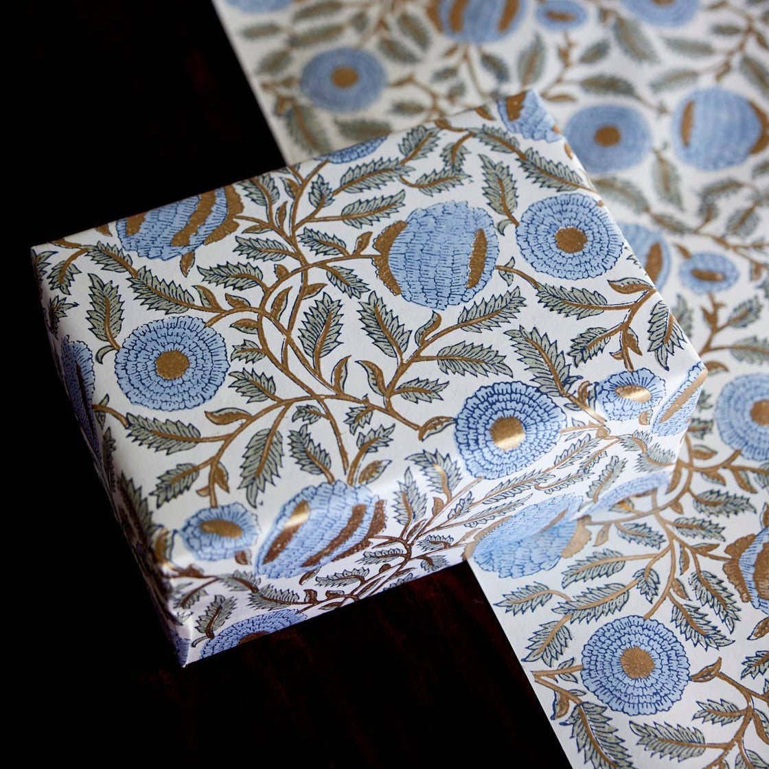 Block Printed Wrapping Paper - Marigold Glitz Blue