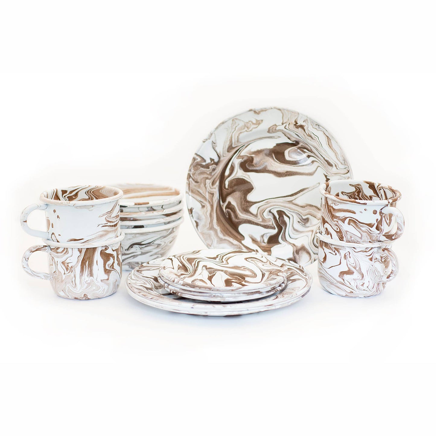 Hand Marbled 16 Piece  Enamelware Dinner Set - Brown
