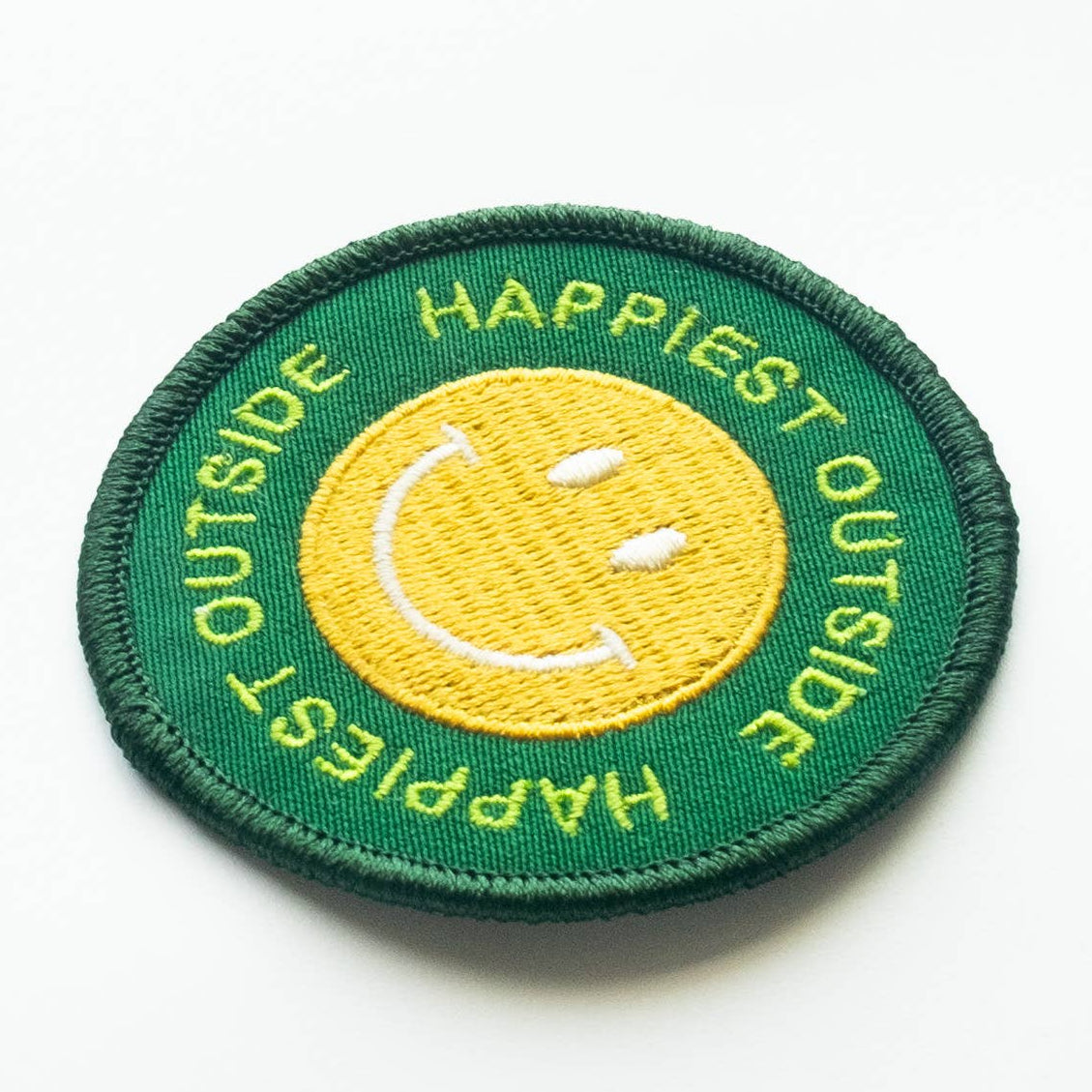 Embroidered 'Happiest Outside' Iron-on Patch - Smiley Face