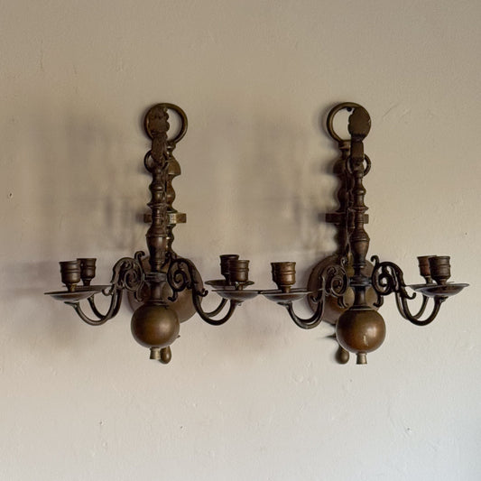 A Pair of Late 19th Century Dutch Brass Wall Chandeliers