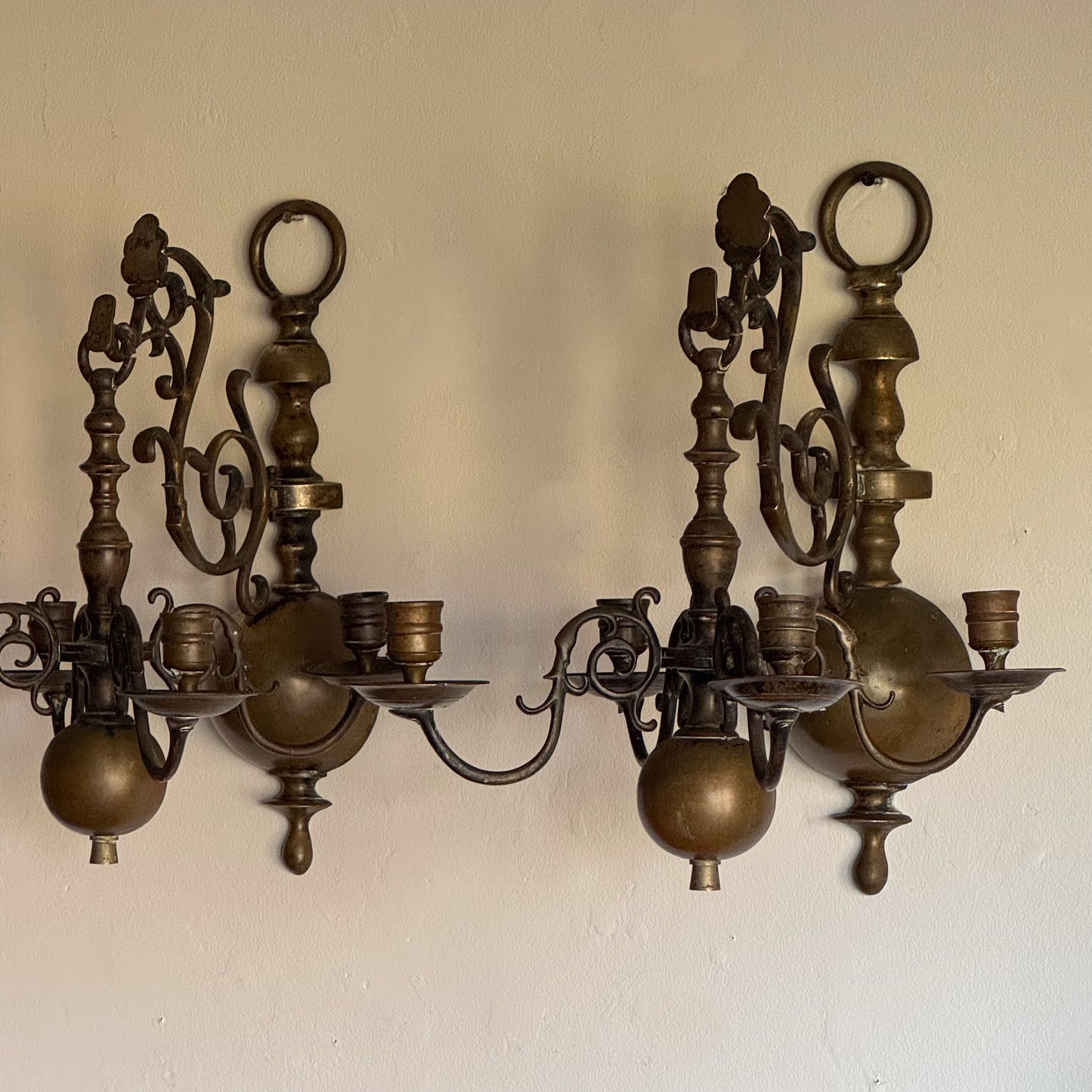 A Pair of Late 19th Century Dutch Brass Wall Chandeliers