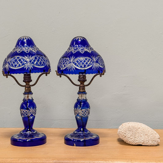 A Pair of Edwardian Bohemian Blue Cut Glass Lamps