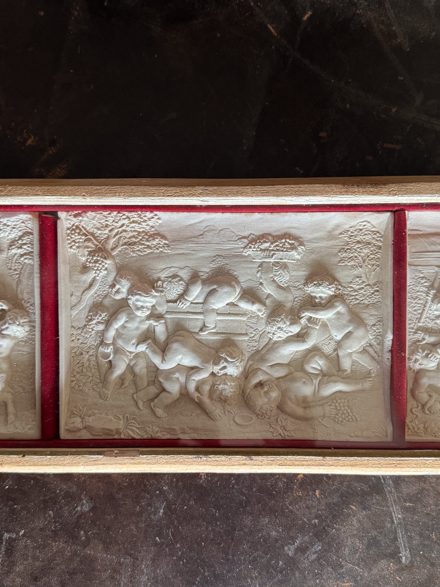 A Late 19th Century Framed Trio of Plaster Relief Plaques by Elkington & Co.