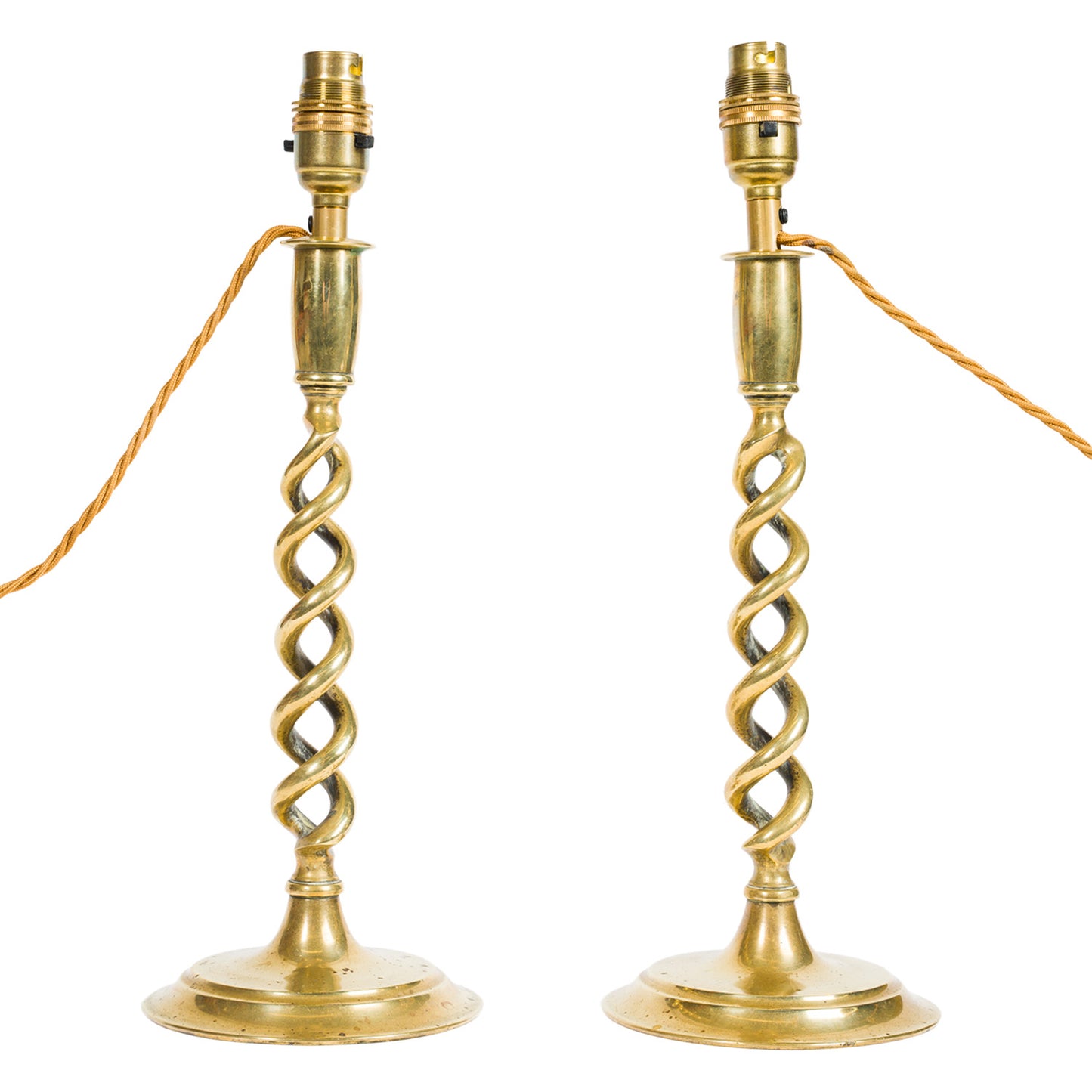 Pair Antique Twisted Brass Candlestick Lamps