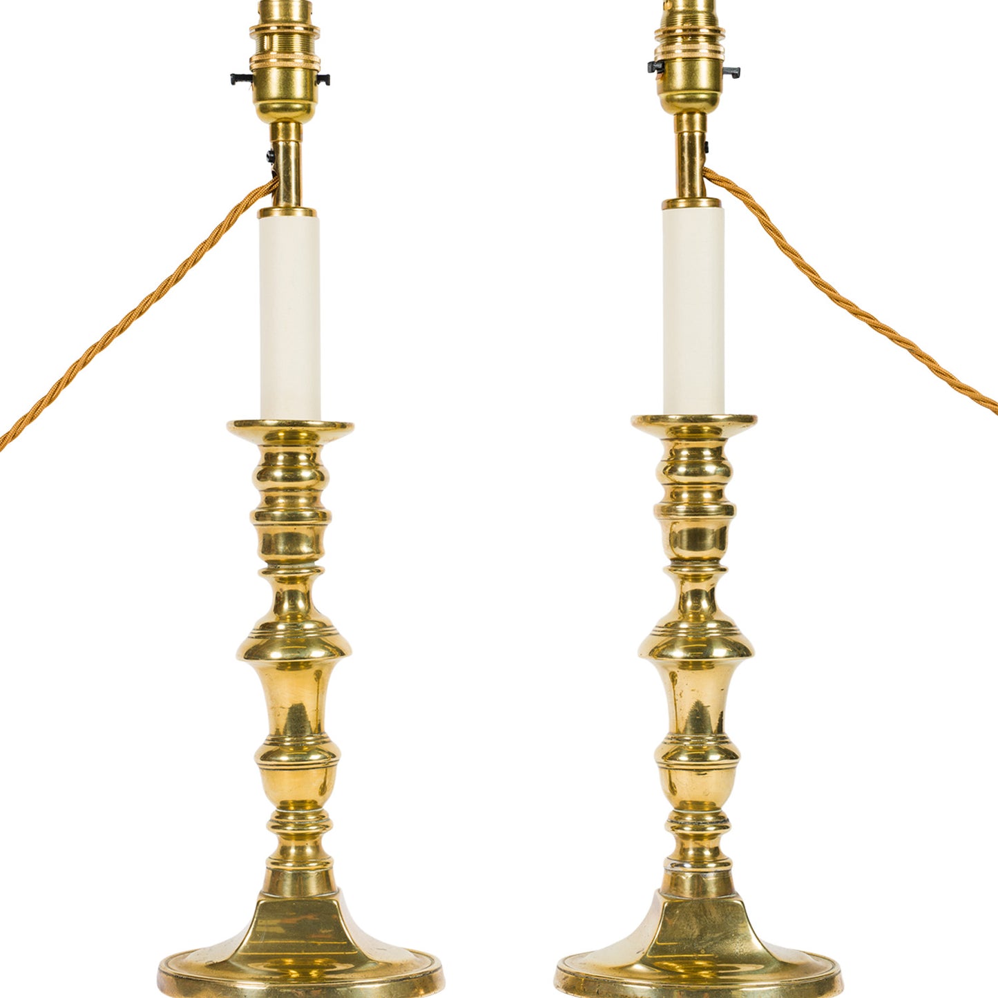 Pair Antique Tall Shaped Brass Candlestick Lamps