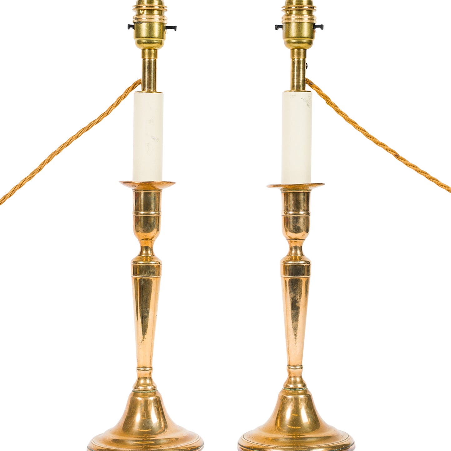 Pair Antique Tapering Brass Candlestick Lamps