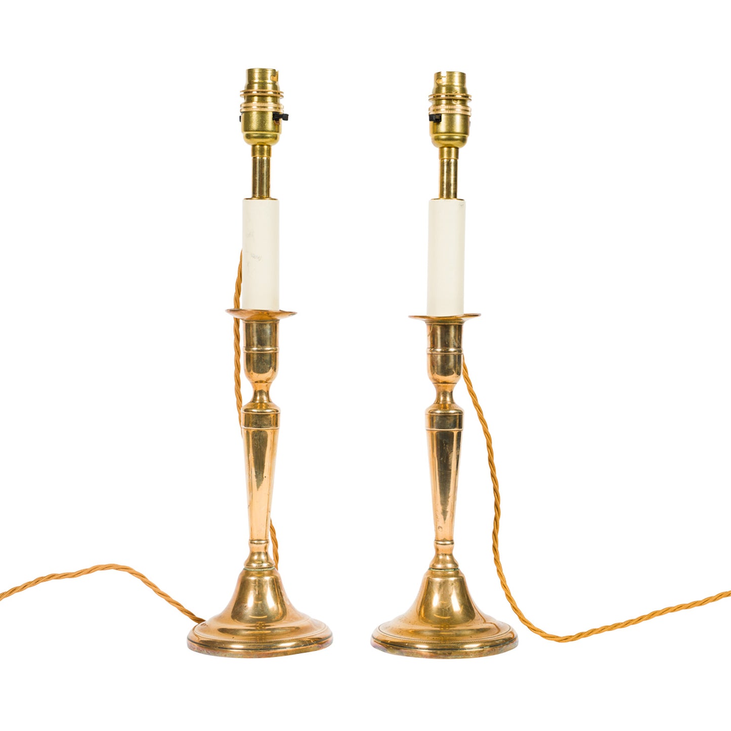 Pair Antique Tapering Brass Candlestick Lamps