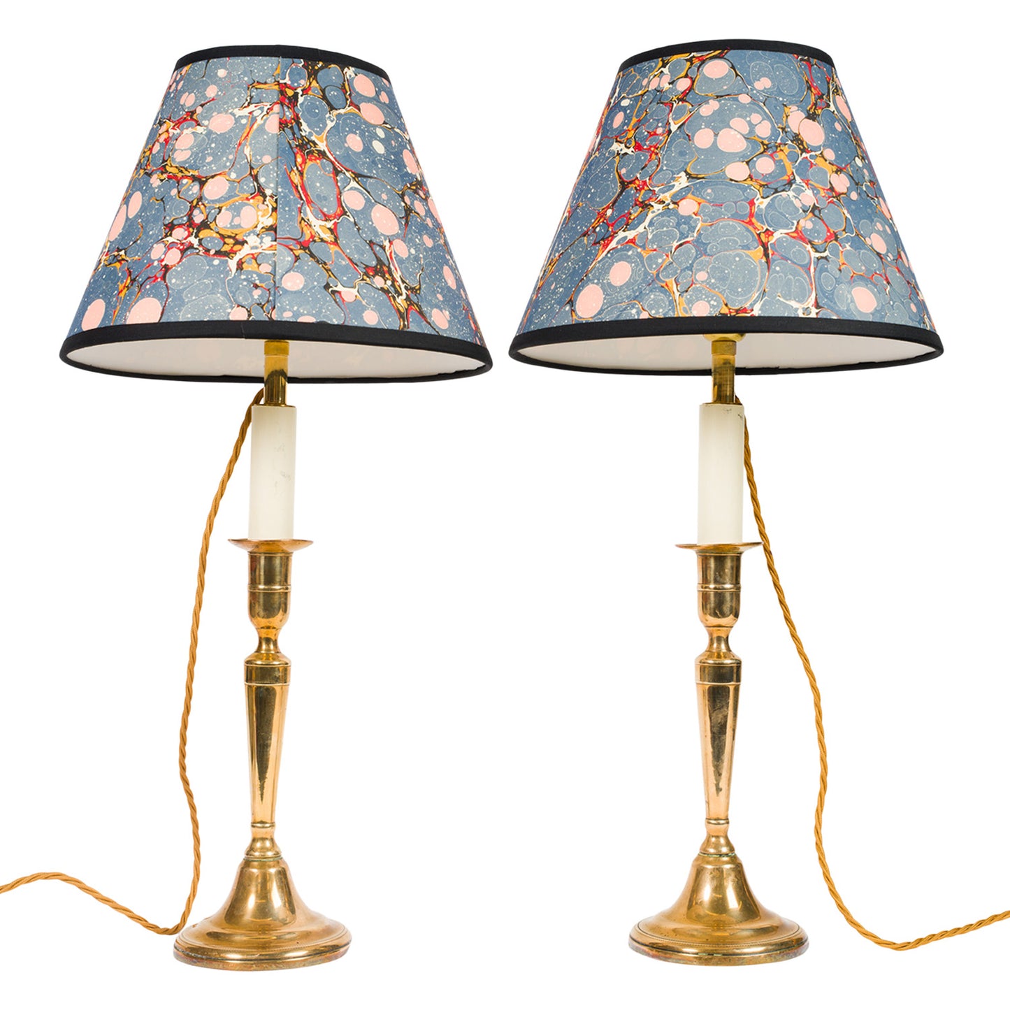 Pair Antique Tapering Brass Candlestick Lamps