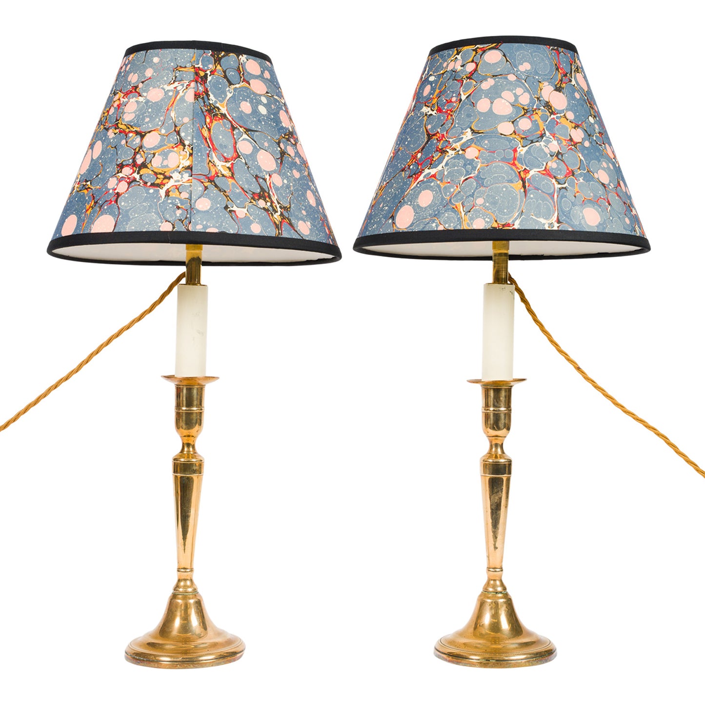 Pair Antique Tapering Brass Candlestick Lamps