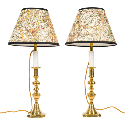 Pair Antique Brass Candlestick Lamps