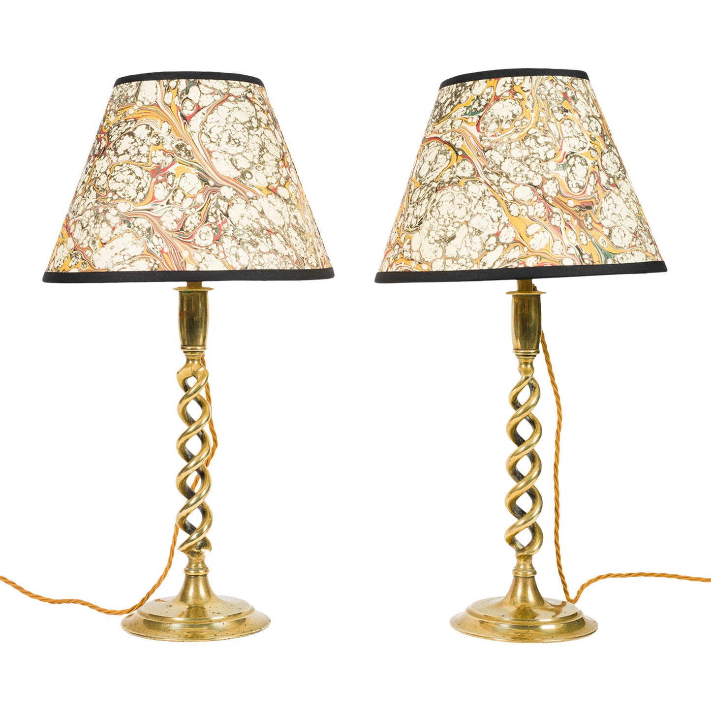 Pair Antique Twisted Brass Candlestick Lamps