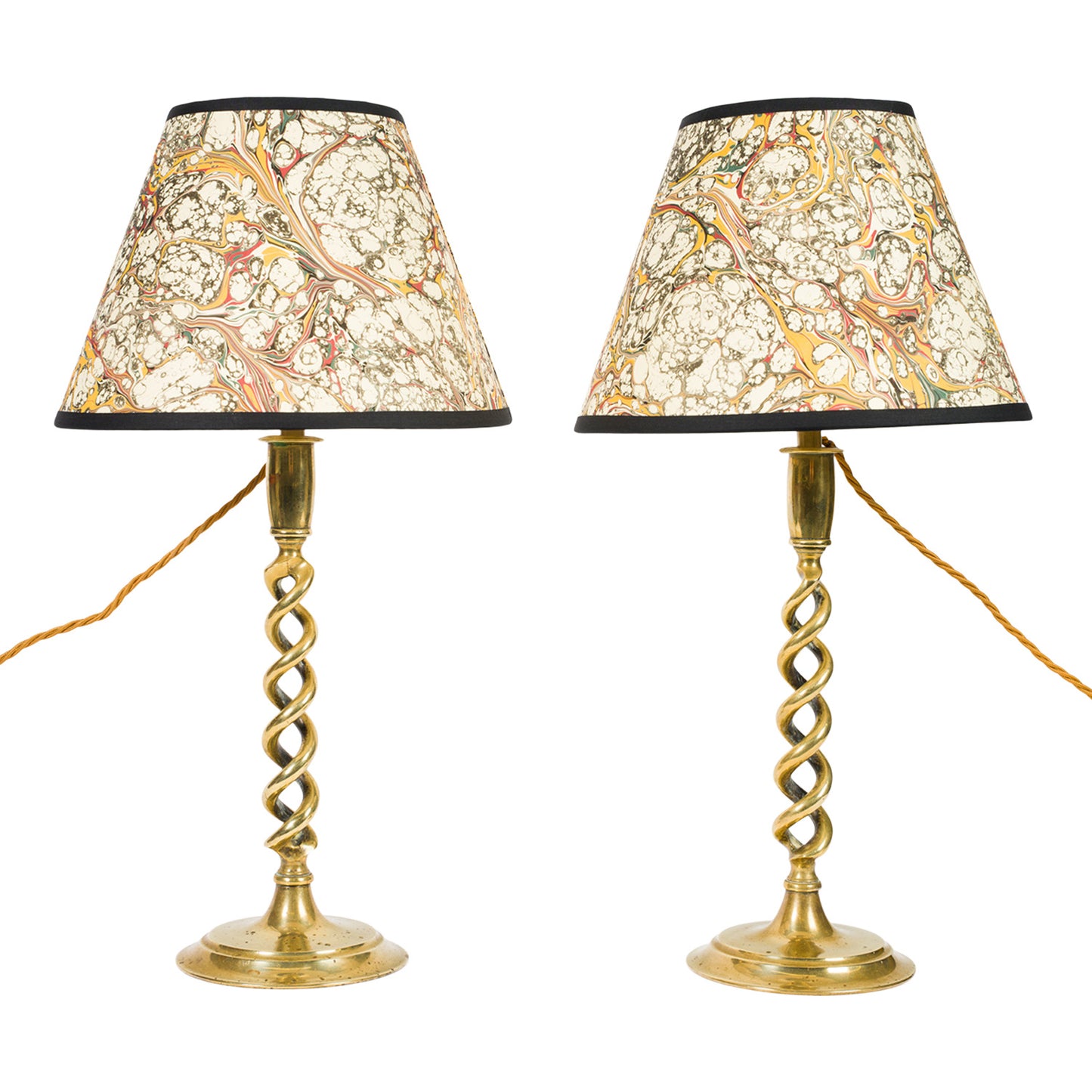 Pair Antique Twisted Brass Candlestick Lamps