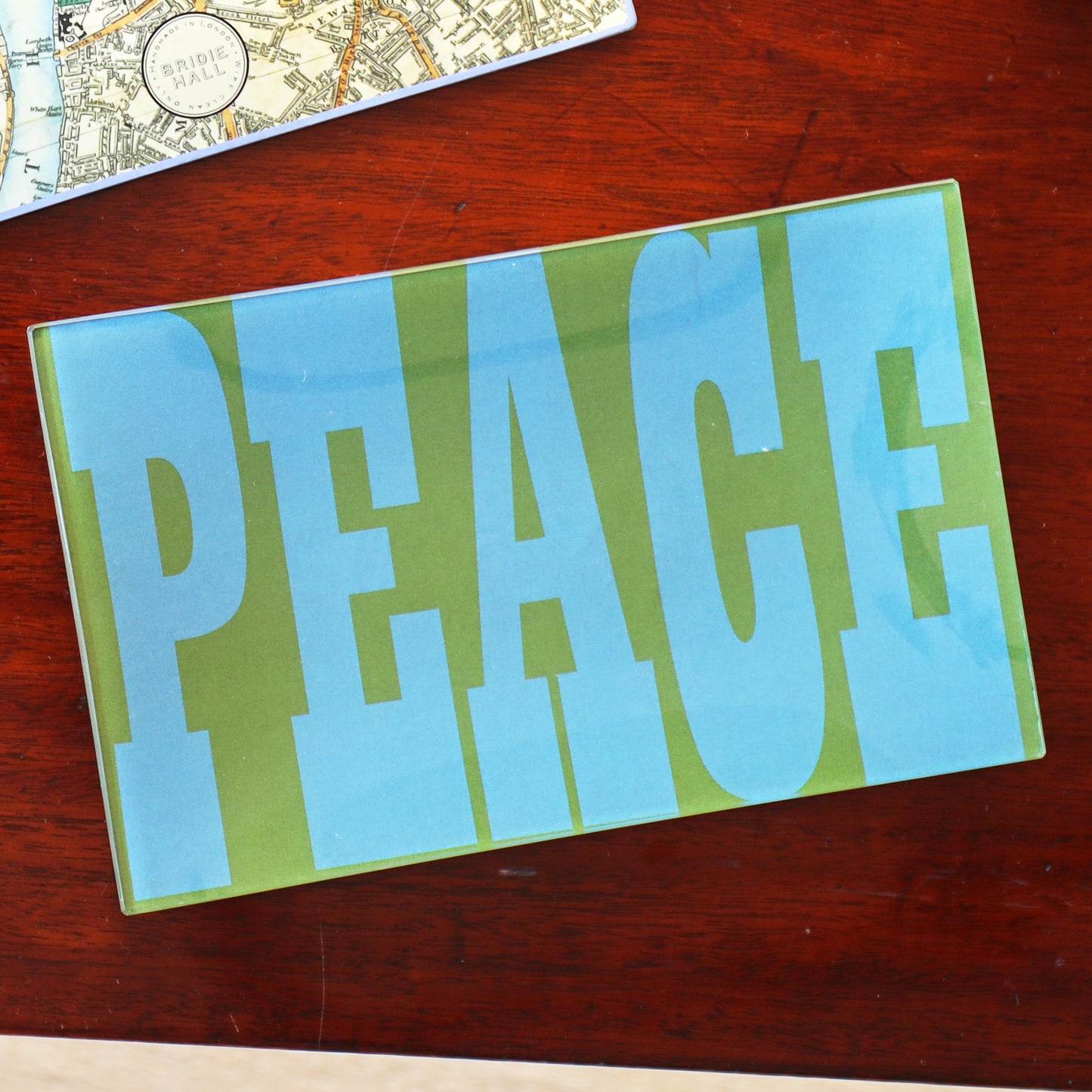 5" x 8" Peace Decoupage Tray - Olive Green & Blue
