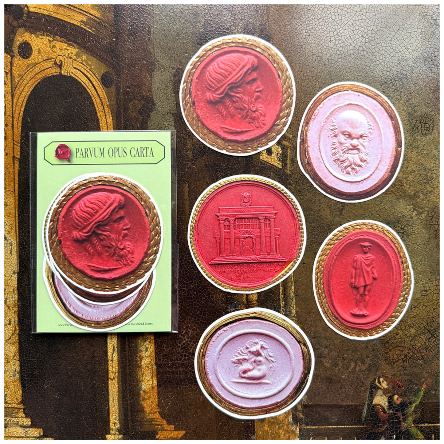Red & Pink Intaglio Stickers, Set of 5
