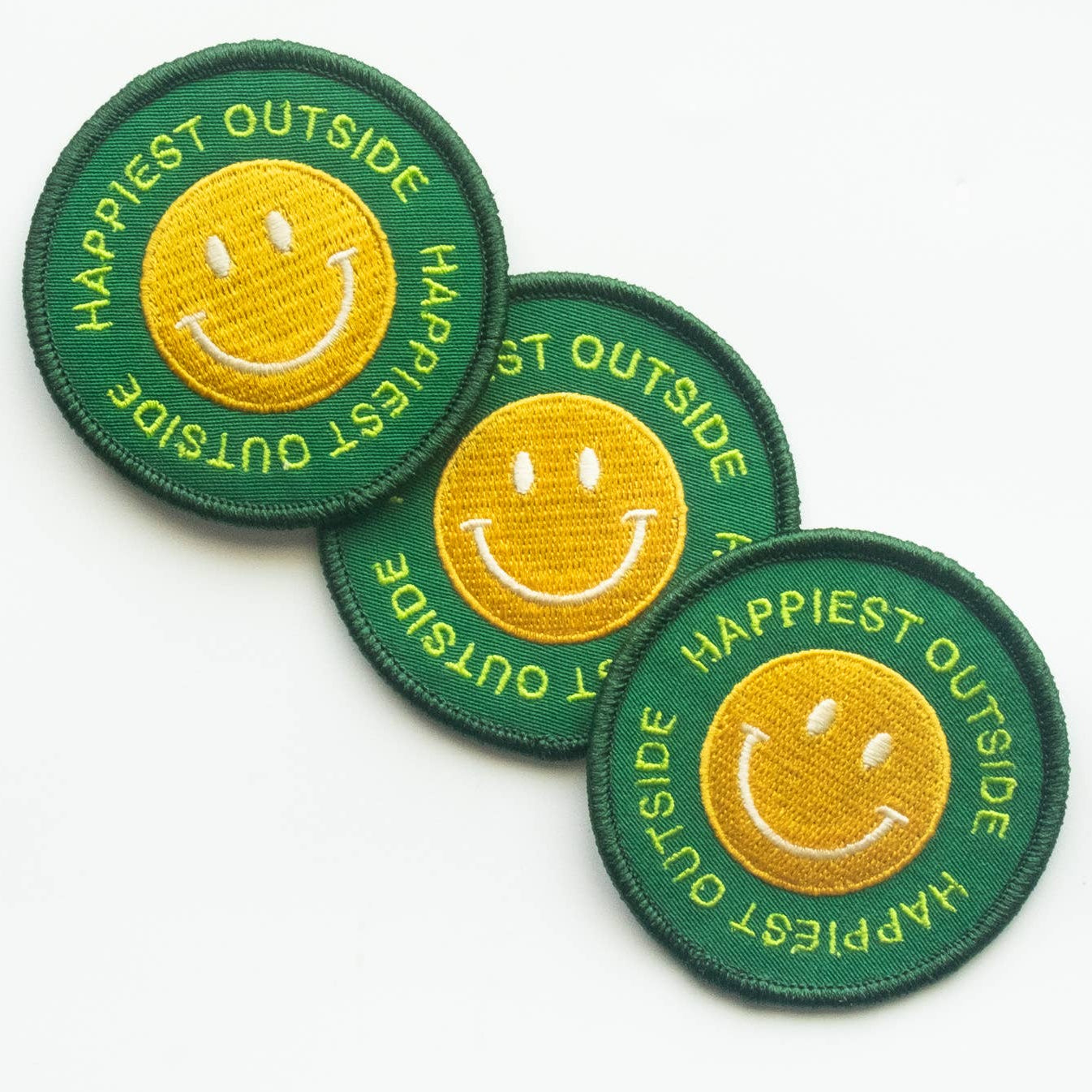 Embroidered 'Happiest Outside' Iron-on Patch - Smiley Face