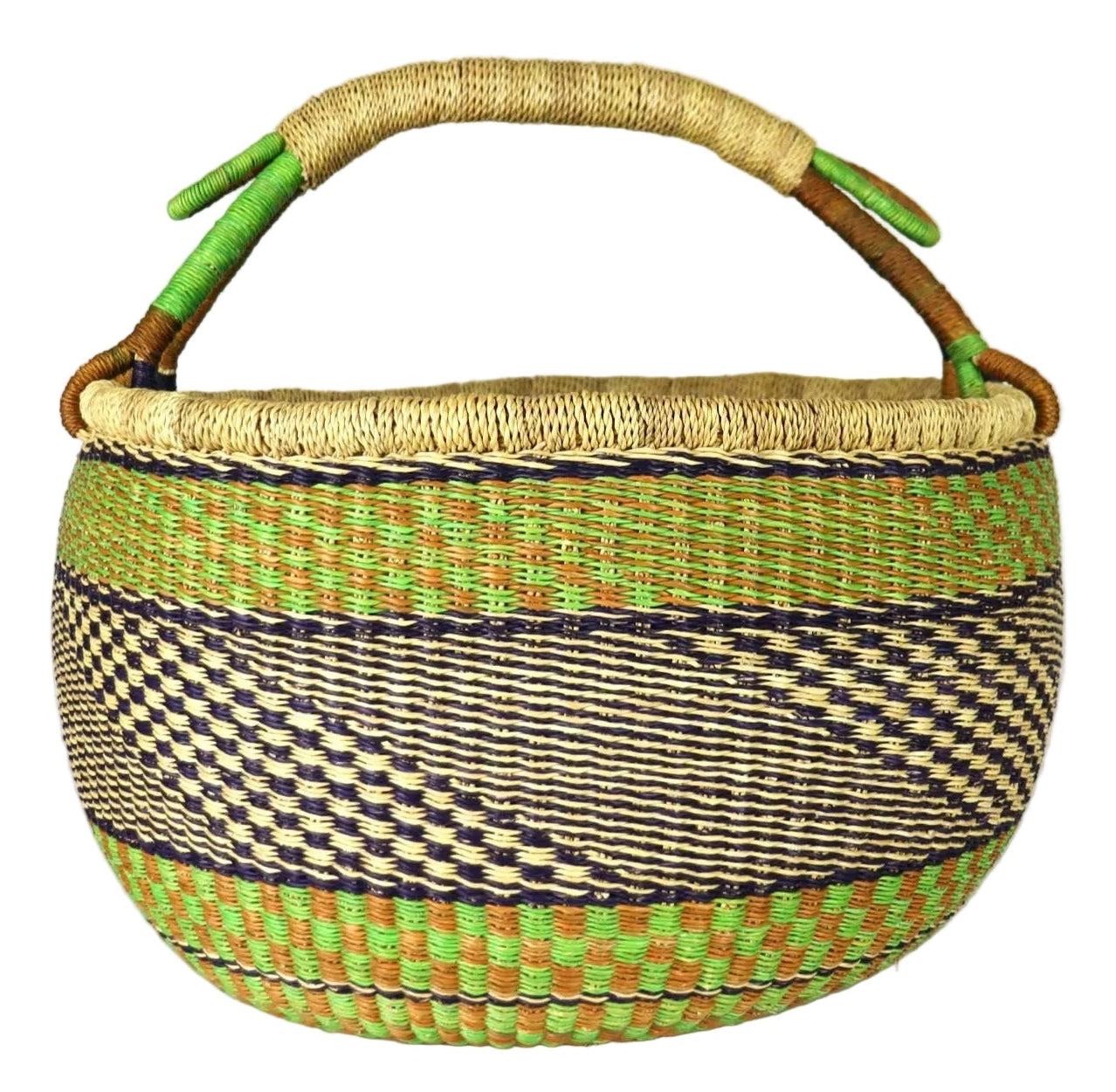 Large Round Bolga Basket - Green/Tan
