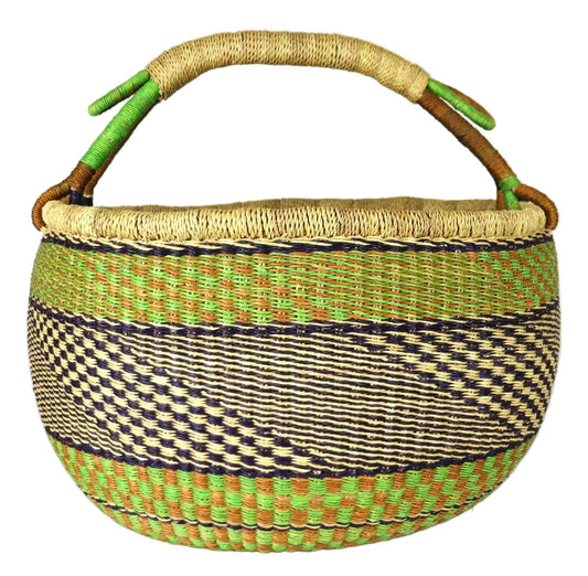 Large Round Bolga Basket - Green/Tan
