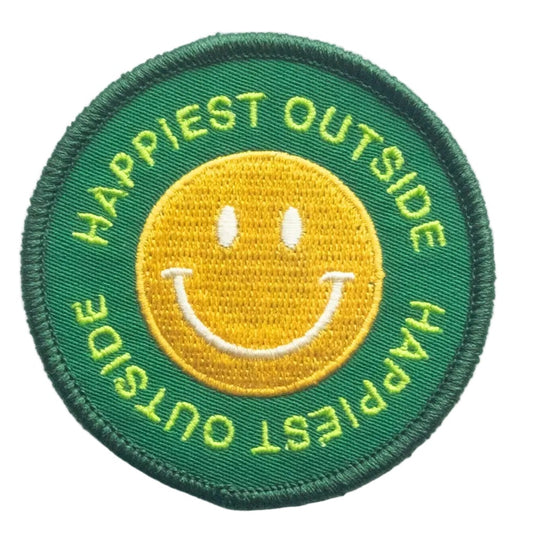 Embroidered 'Happiest Outside' Iron-on Patch - Smiley Face