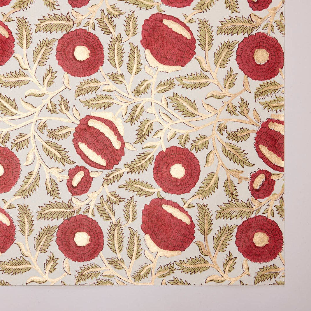 Block Printed Wrapping Paper - Marigold Glitz Scarlet