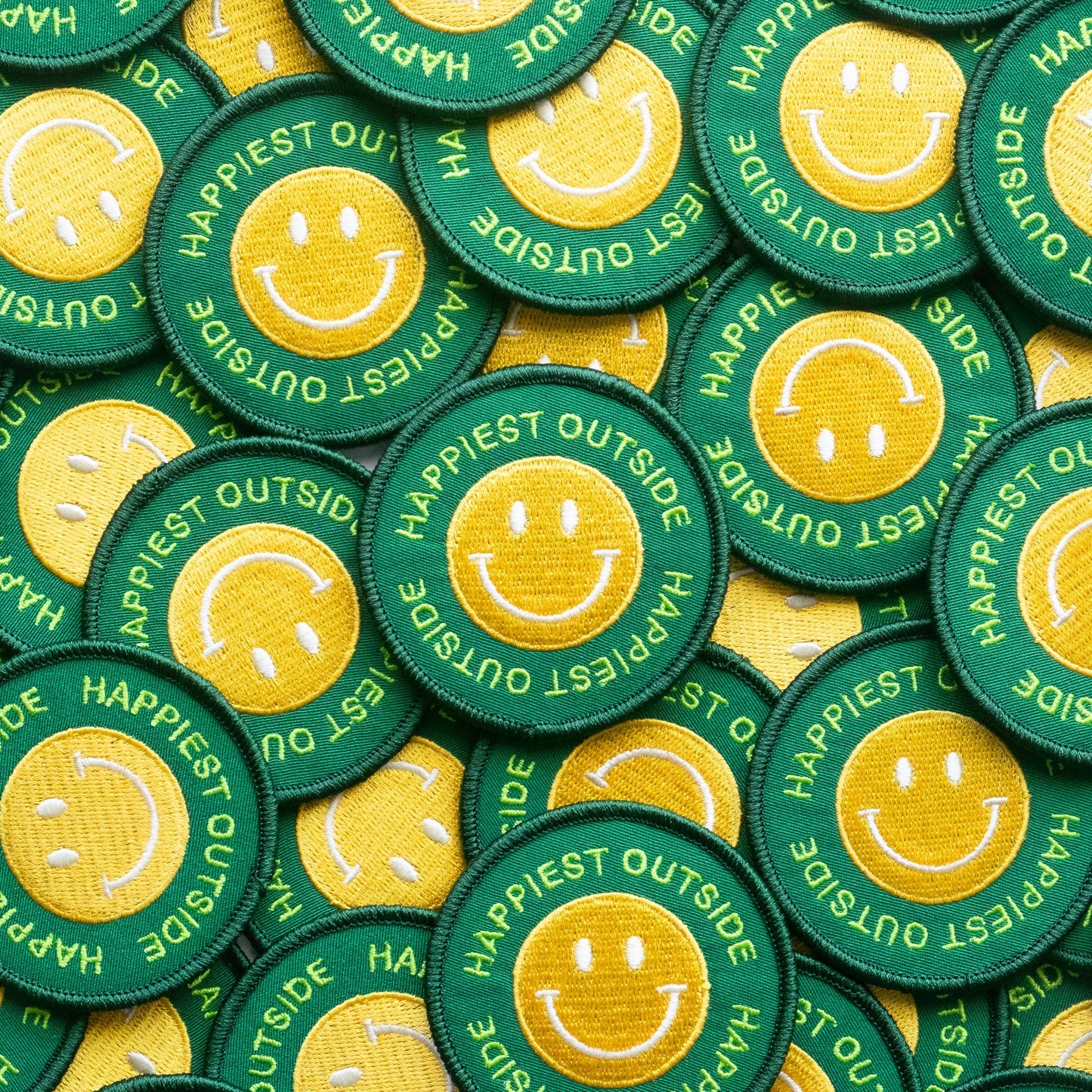 Embroidered 'Happiest Outside' Iron-on Patch - Smiley Face
