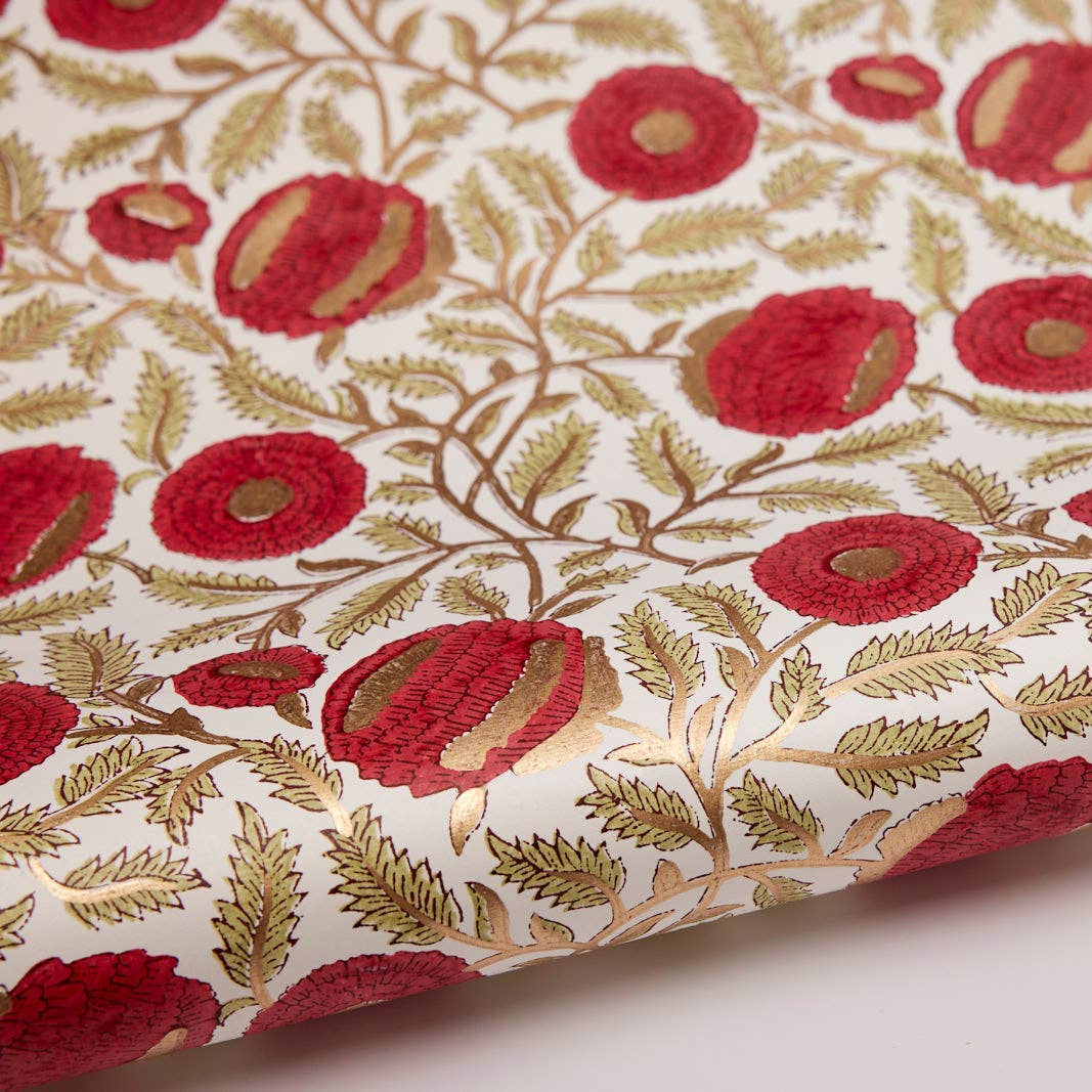 Block Printed Wrapping Paper - Marigold Glitz Scarlet