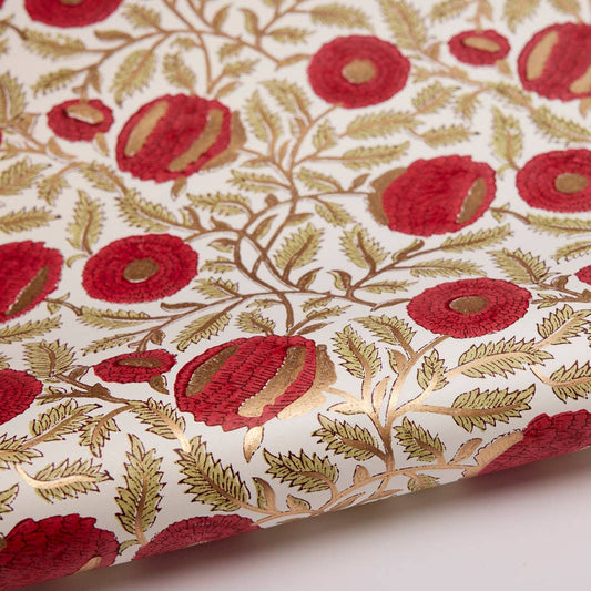 Block Printed Wrapping Paper - Marigold Glitz Scarlet