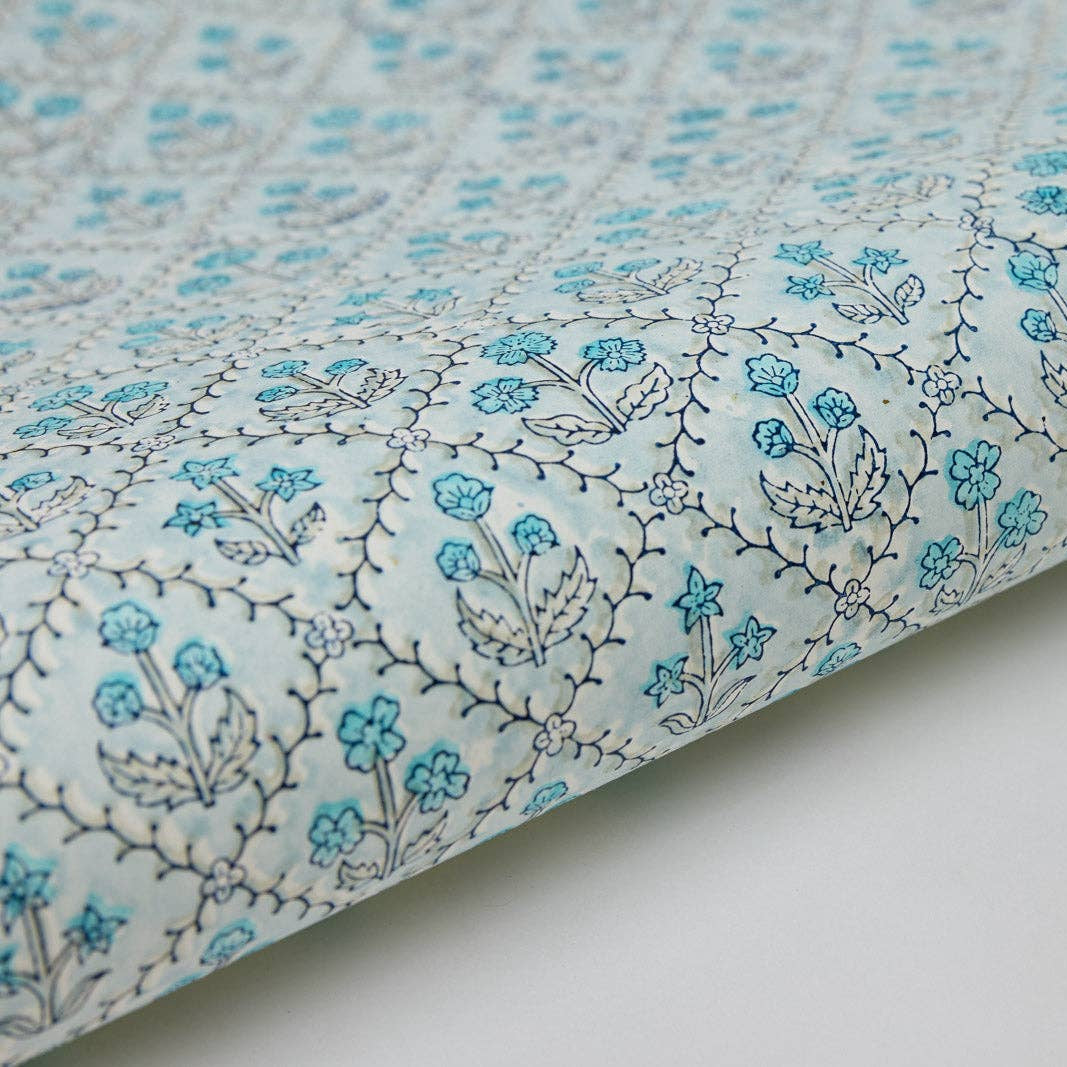 Block Printed Wrapping Paper - Floral Lattice Blue Opal