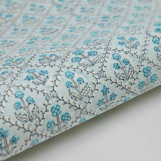 Block Printed Wrapping Paper - Floral Lattice Blue Opal