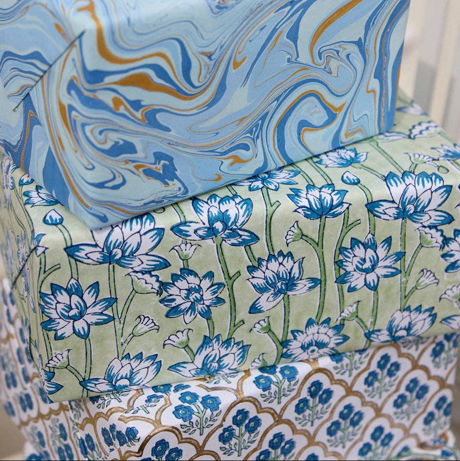 Block Printed Wrapping Paper - Lotus Indigo