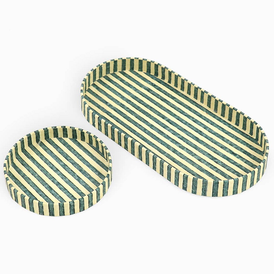 Block Printed Desk Tray Set - Classic Stripe Blue/Ochre
